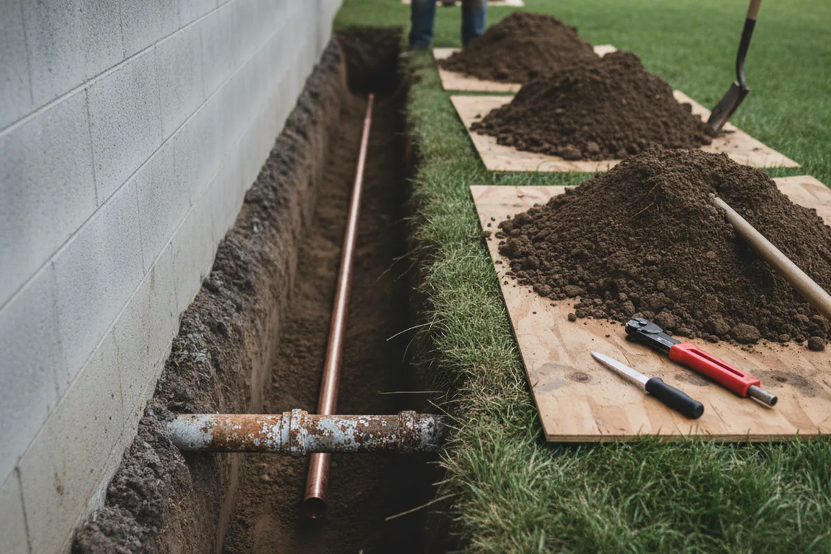 Excavated water line trench during Water Softener Installation in Lufkin
